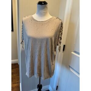 OLIVACEOUS Beige Linen Blend Knitted Short Sleeve Top SZ L NWOT